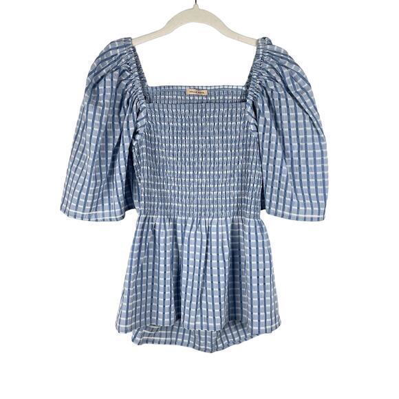 Anthropologie Tops - Anthropologie Stella Nova Penelope Smocked Blouse US 6 Blue Plaid Check Cutout